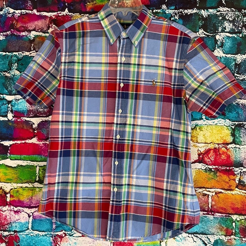 Ralph Lauren Short Sleeve Slim Fit Button Down Shirt Plaid Size Large